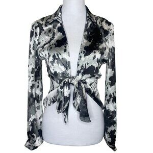 Blue B Collection Mettalic Open Front Collared Tie Long Sleeve Blouse Event Sz S